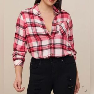 Torrid Lizzie Softest Flannel Shirt Button Up Pink Black White 1x